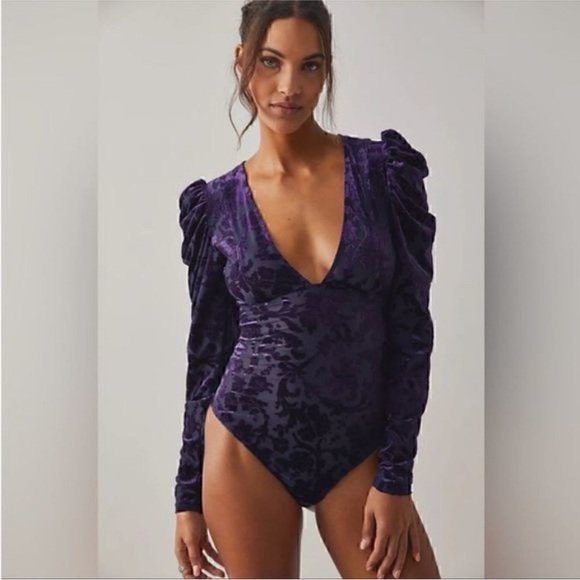 Final Sale! NWT Free People Bodysuit Lg Deep Purple Floral Deep Sea Magic Hour - Picture 3 of 16
